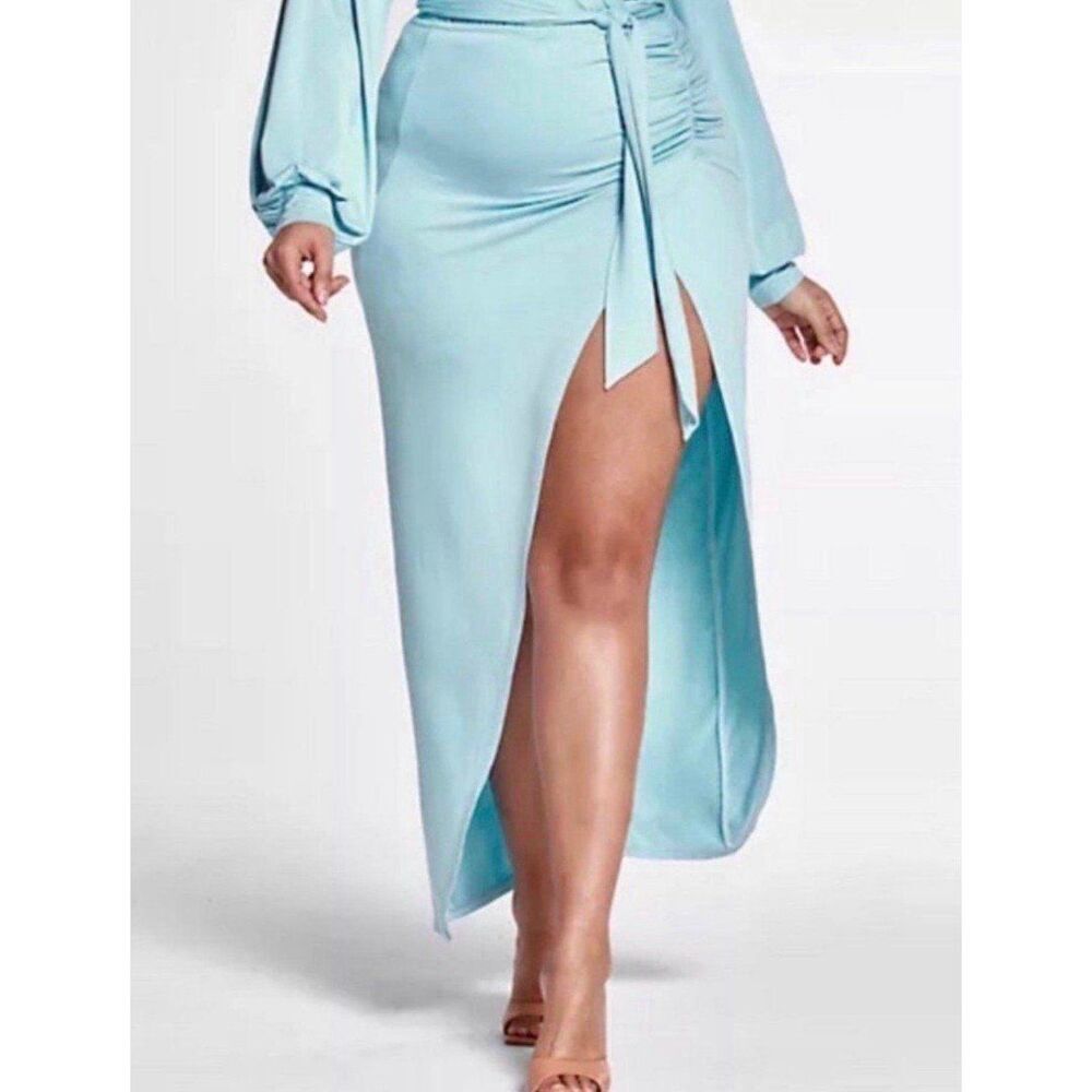 NEW Fashion To Figure Women Plus Size 0X Blue Wrap Maxi Side Slit Skirt Vacation